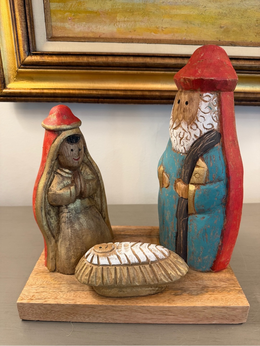 Carved Holy Family Painted Figurine One Piece Rustic Joseph Mary Baby Jesus